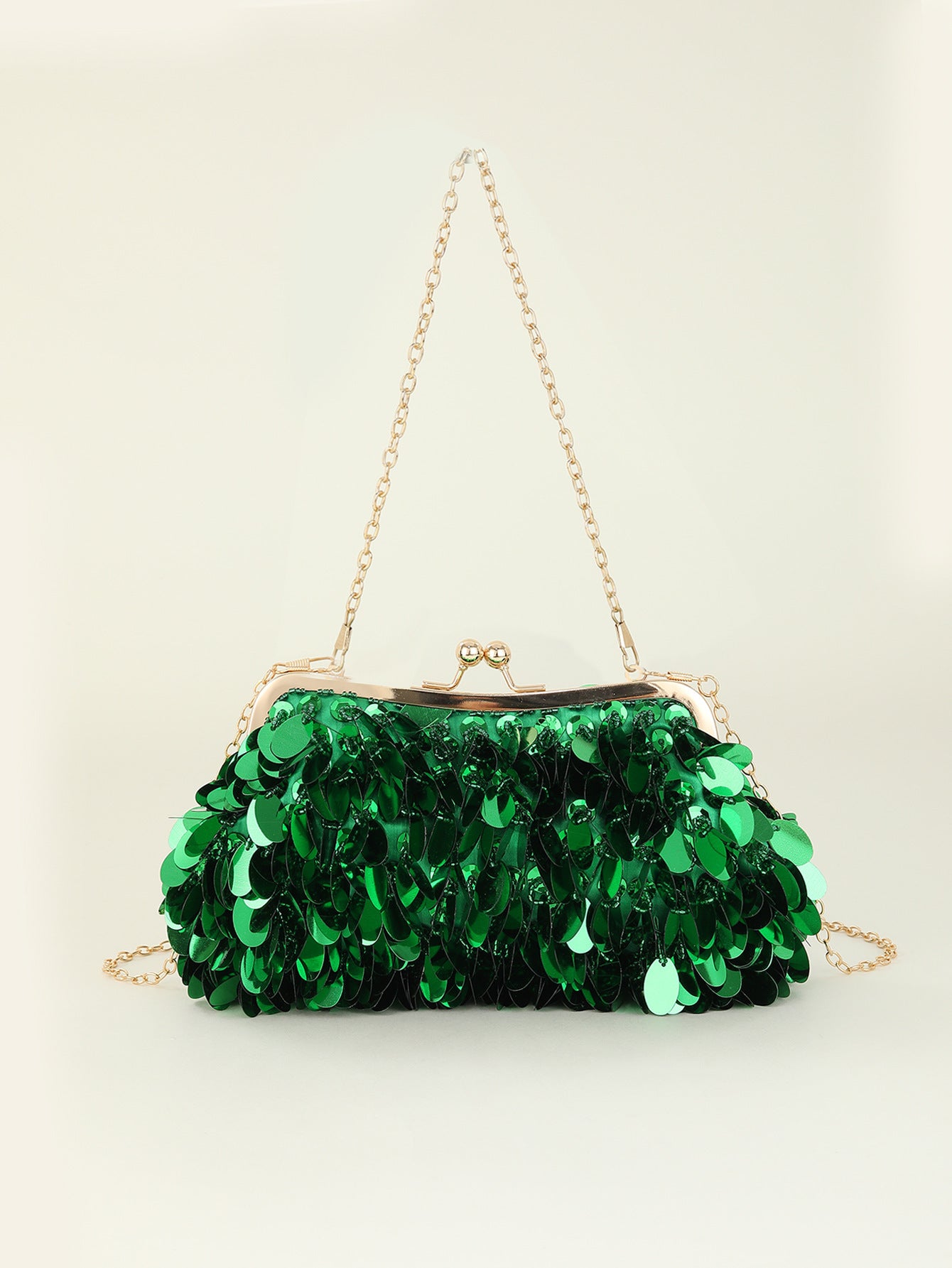 Sequined clutch bag with chain strap
