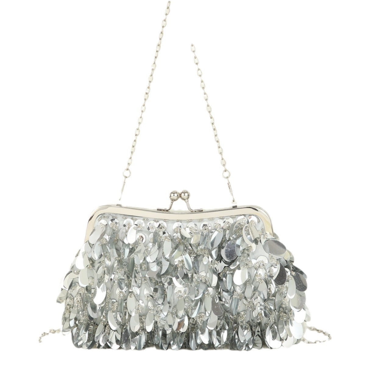 Sequined clutch bag with chain strap