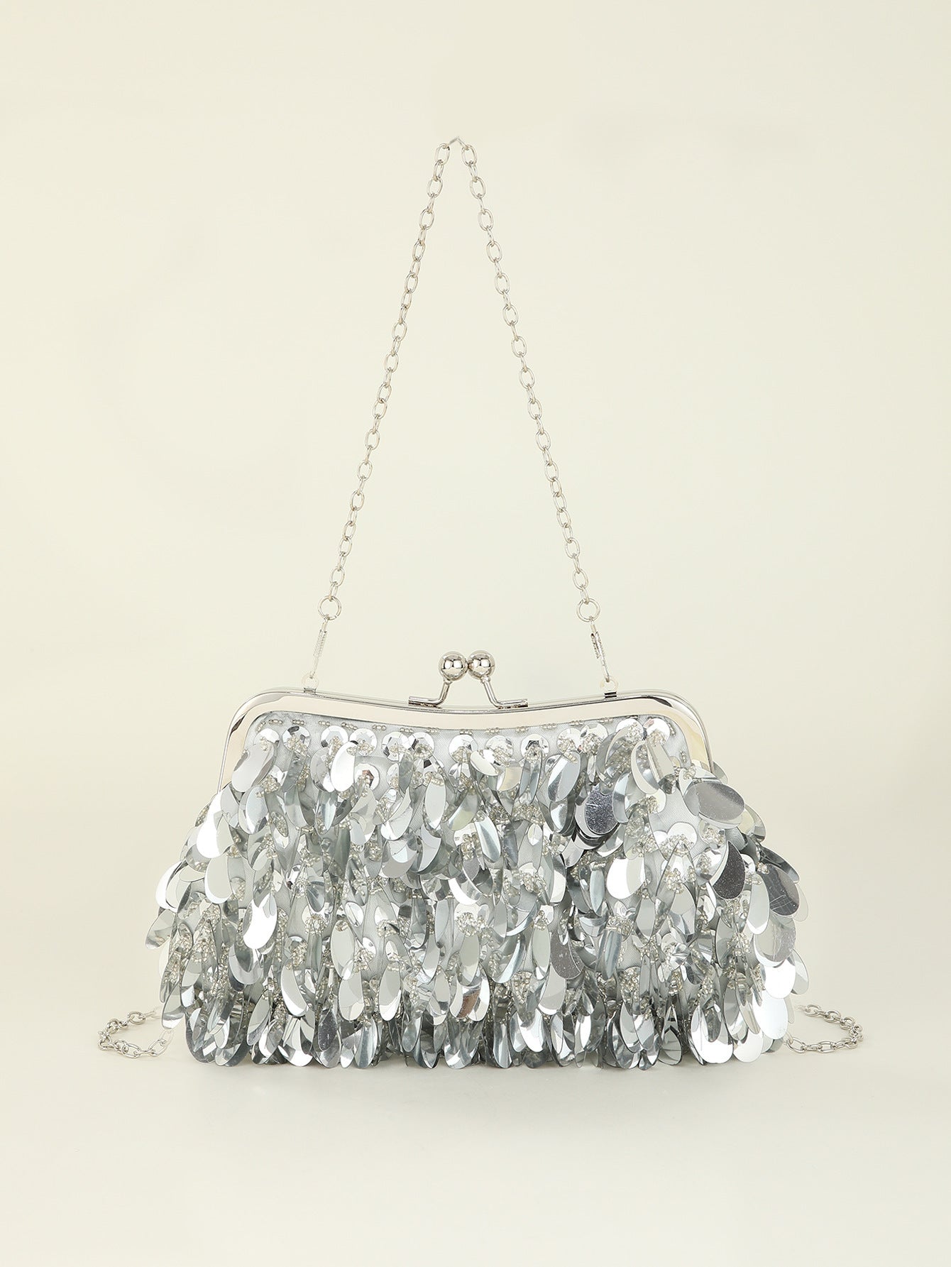 Sequined clutch bag with chain strap