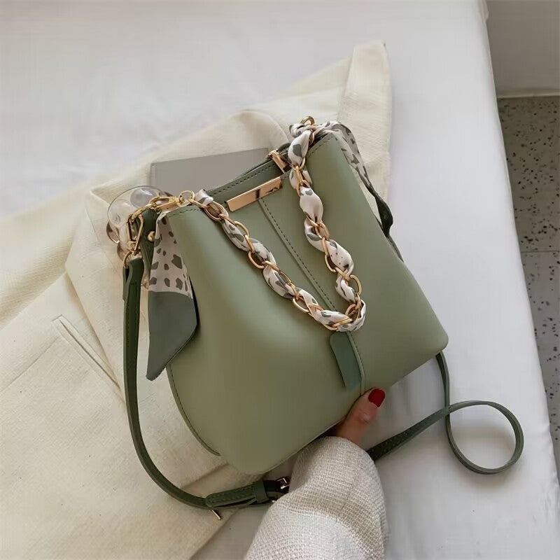 Bucket bag with fabric handle detail