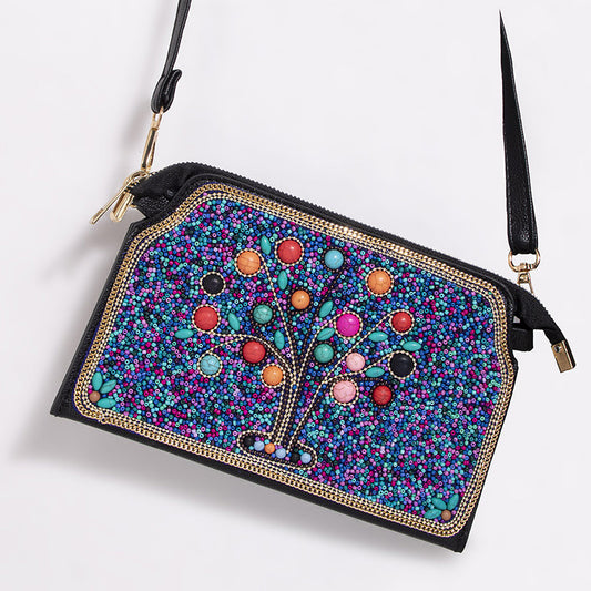 Embroidered crossbody bag with embellishments