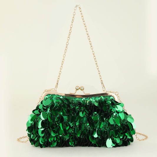 Sequined clutch bag with chain strap