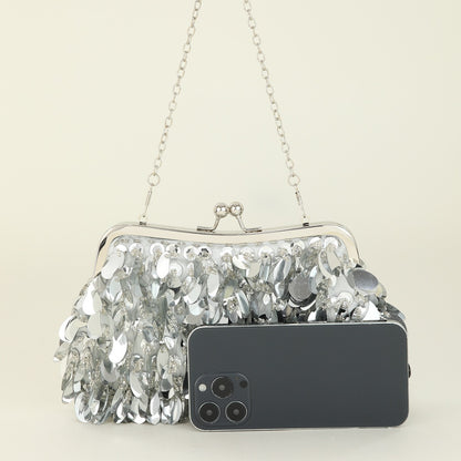 Sequined clutch bag with chain strap