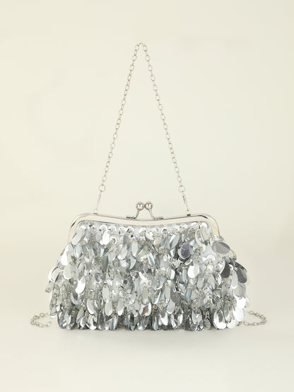 Sequined clutch bag with chain strap